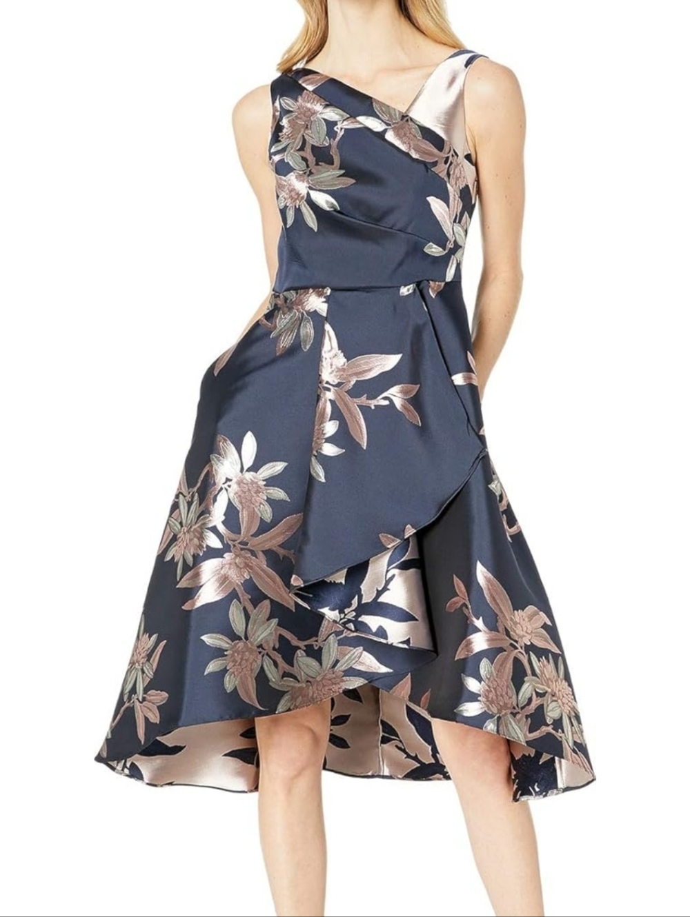 Adrianna Papell Sleeveless Navy Dress with Rose Gold Floral Jacquard